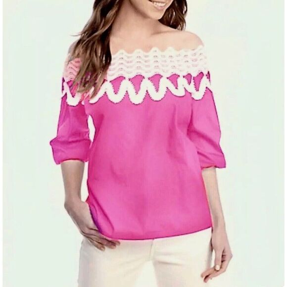 crown & ivy Tops - Crown Ivy Off Shoulder Shirt Women's XL Pink Crochet Lace Trim Cotton 3/4 Sleeve